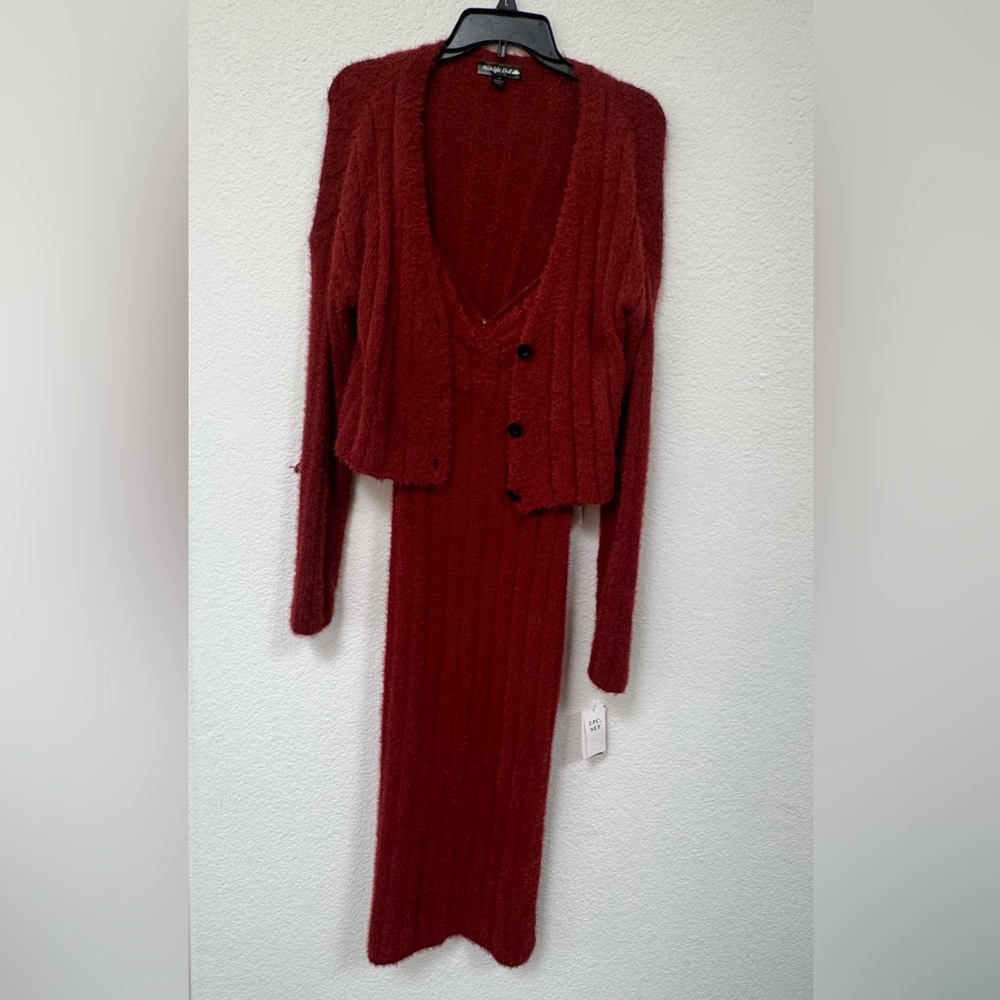 2-piece Elegant Red Midi Dress with matching Cardigan
